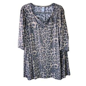 Women’s Leopard Print Tunic Top 1X, Stretchy A-Line Swing Blouse Made In USA